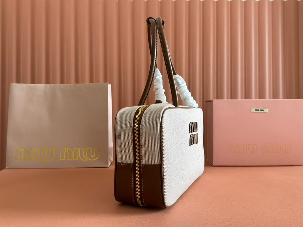 Miu Miu 25S Beau Canvas Bag 34 in Beige Canvas and Brown Calfskin