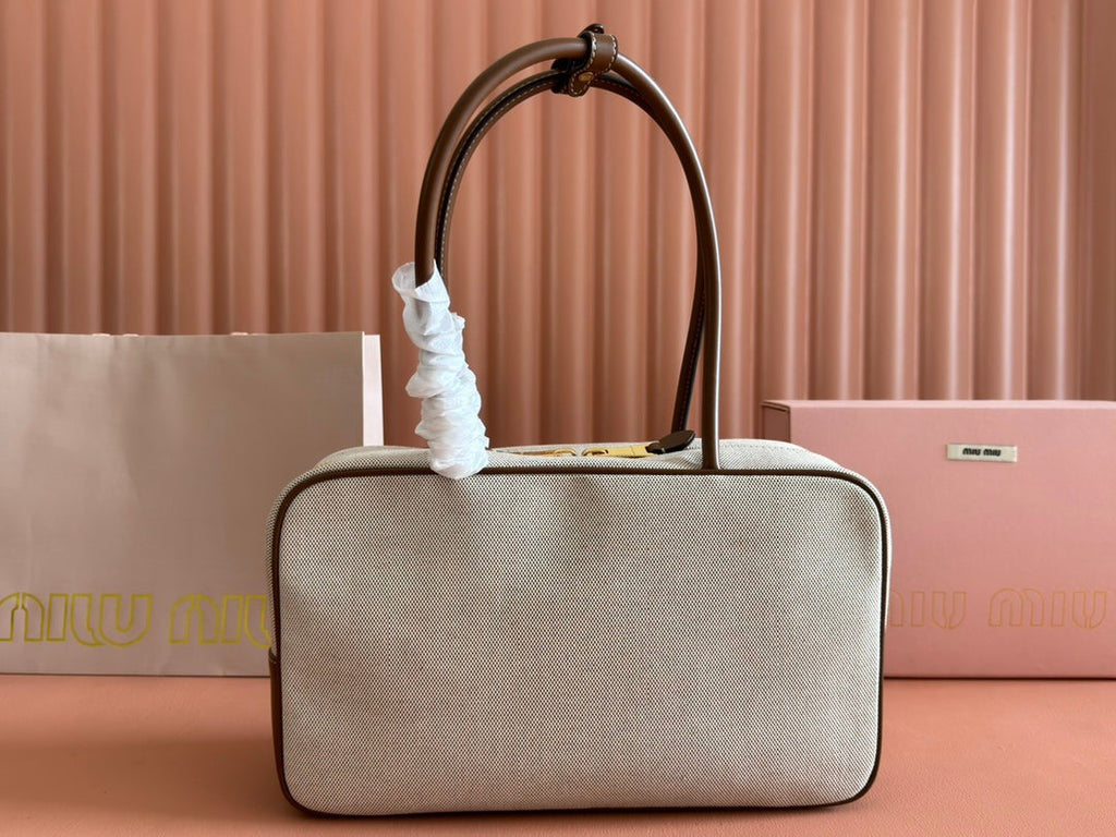Miu Miu 25S Beau Canvas Bag 34 in Beige Canvas and Brown Calfskin