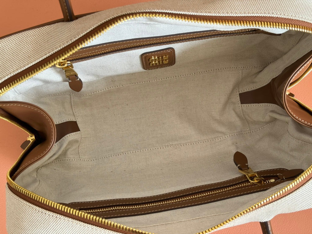 Miu Miu 25S Beau Canvas Bag 34 in Beige Canvas and Brown Calfskin