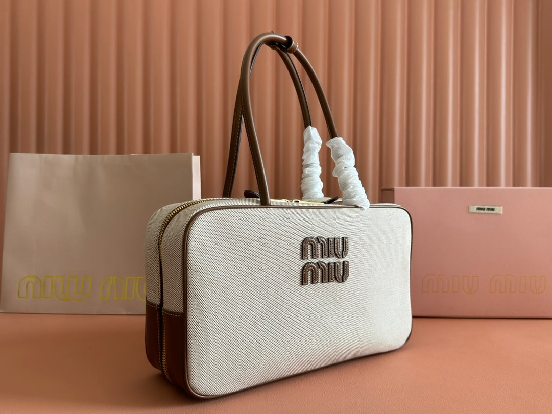 Miu Miu 25S Beau Canvas Bag 34 in Beige Canvas and Brown Calfskin
