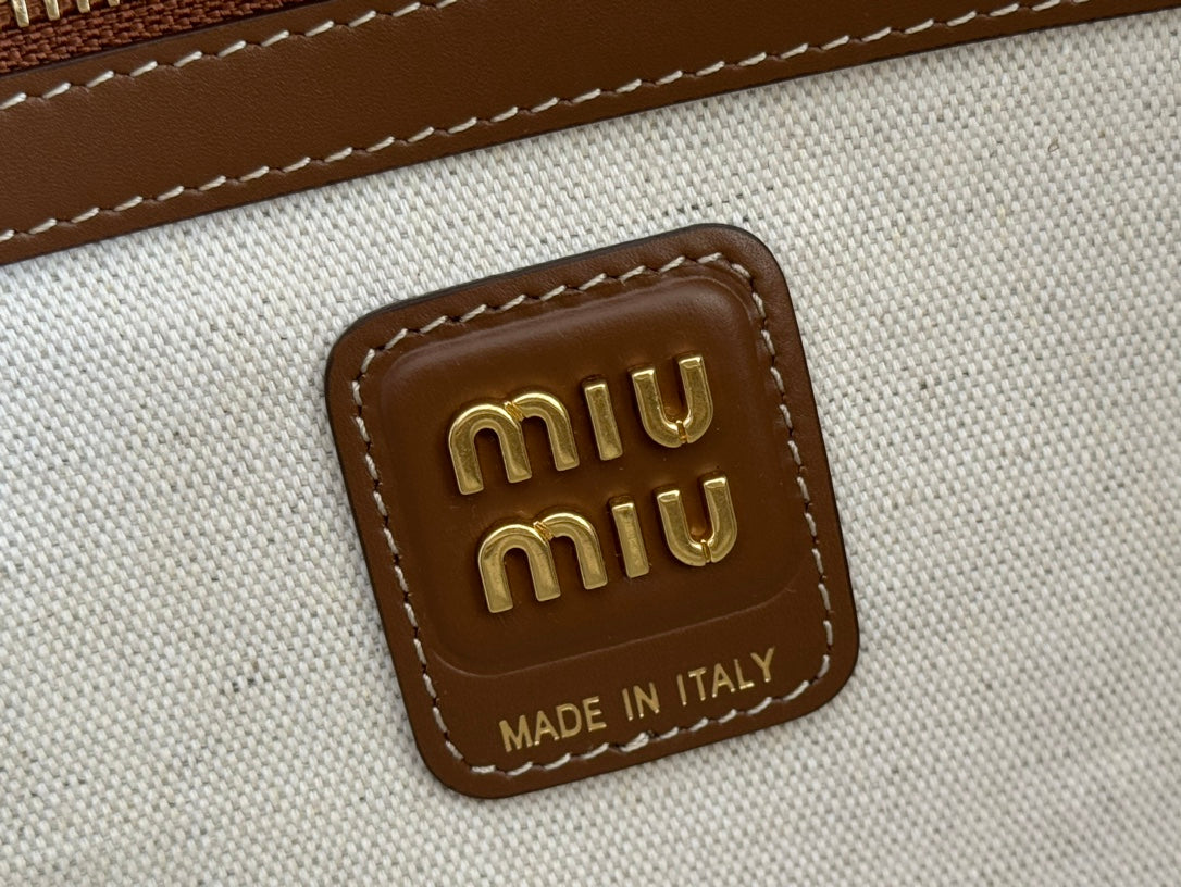 Miu Miu 25S Beau Canvas Bag 34 in Beige Canvas and Brown Calfskin