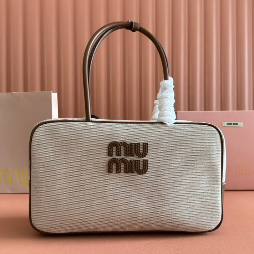 Miu Miu 25S Beau Canvas Bag 34 in Beige Canvas and Brown Calfskin