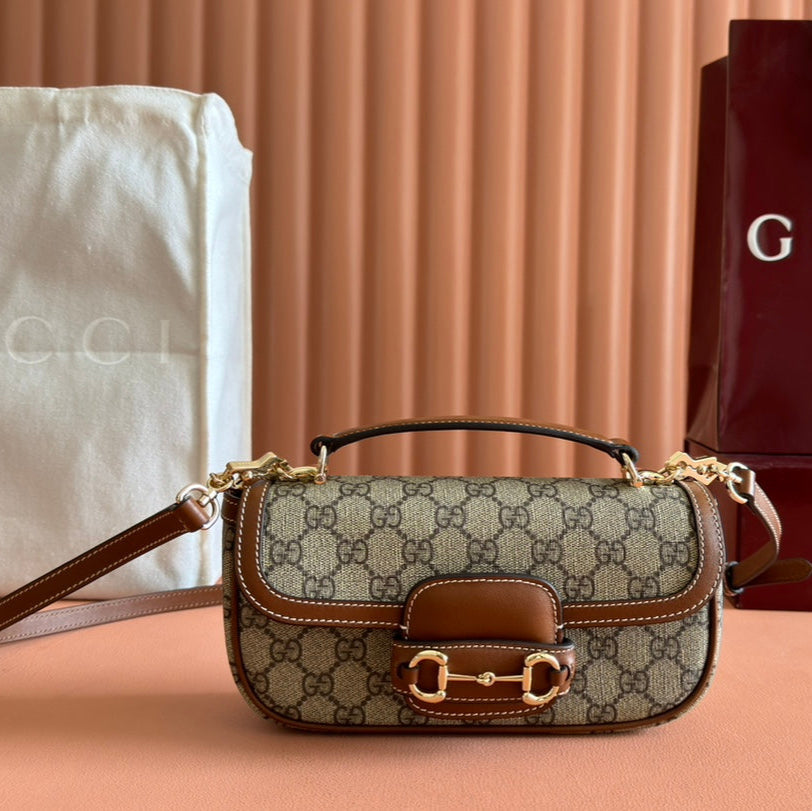Gucci Small Horsebit 1955 Shoulder Bag 22.6 in Beige/Ebony with Brown Calfskin Trim
