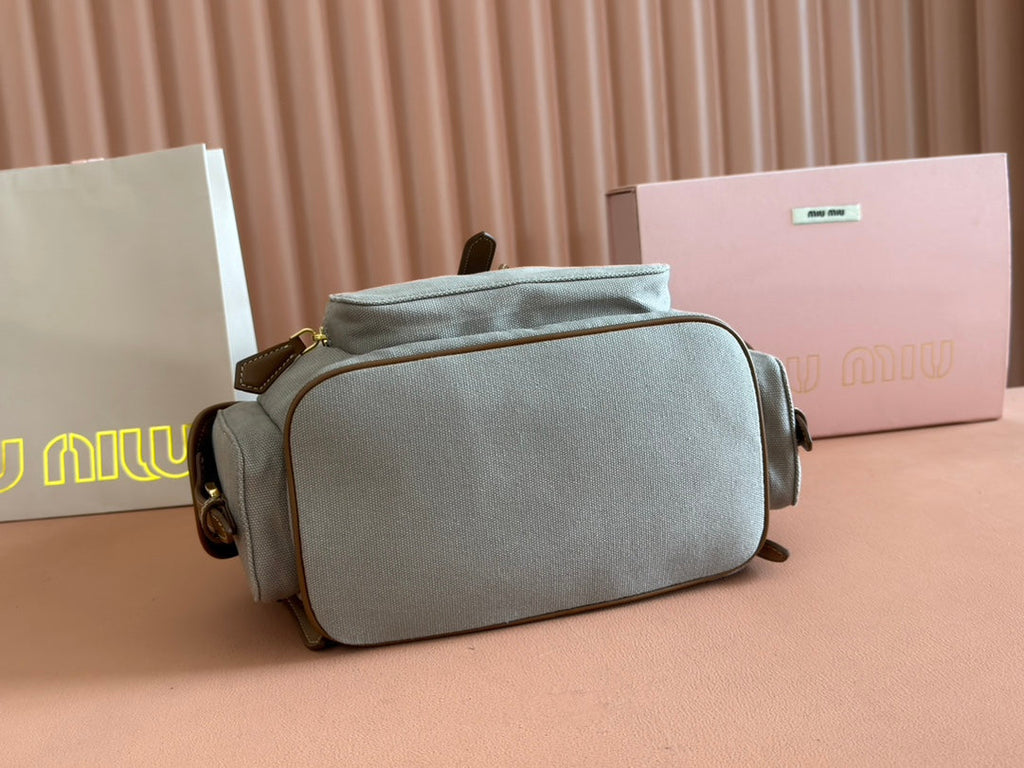Medium Backpack 29.5 in Grey Canvas Brown Calfskin