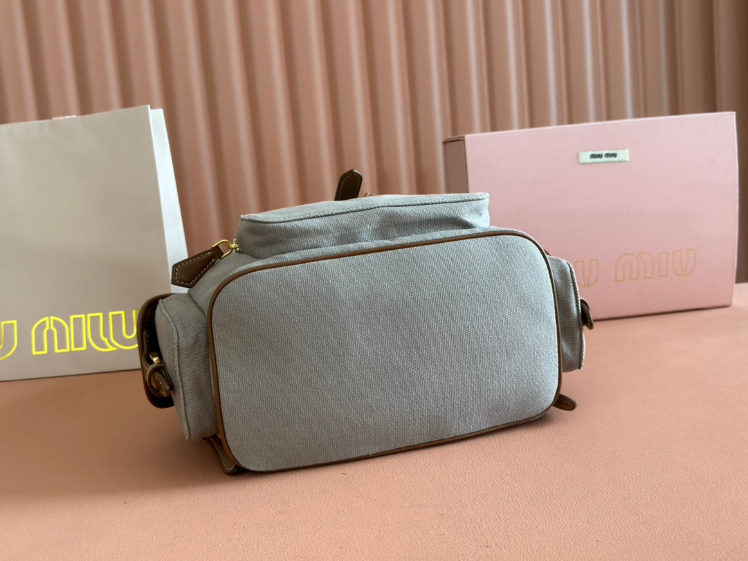 Medium Backpack 29.5 in Grey Canvas Brown Calfskin