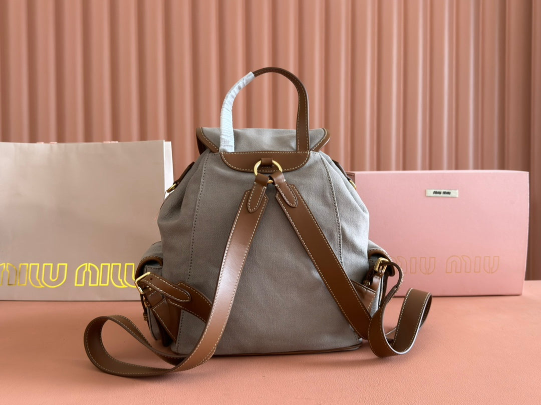 Medium Backpack 29.5 in Grey Canvas Brown Calfskin