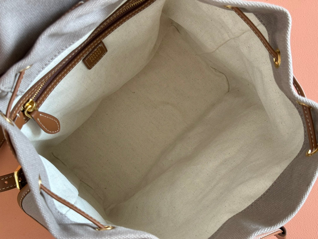 Medium Backpack 29.5 in Grey Canvas Brown Calfskin