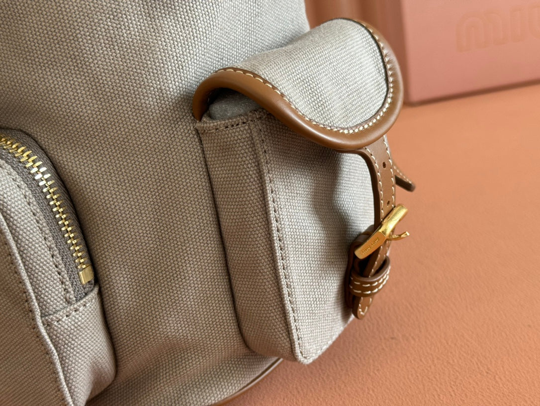 Medium Backpack 29.5 in Grey Canvas Brown Calfskin