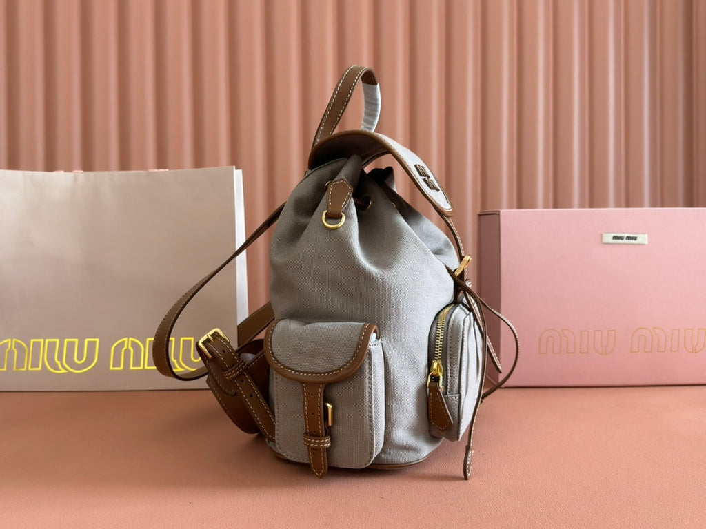 Medium Backpack 29.5 in Grey Canvas Brown Calfskin