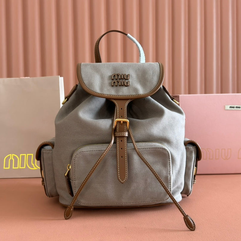 Medium Backpack 29.5 in Grey Canvas Brown Calfskin