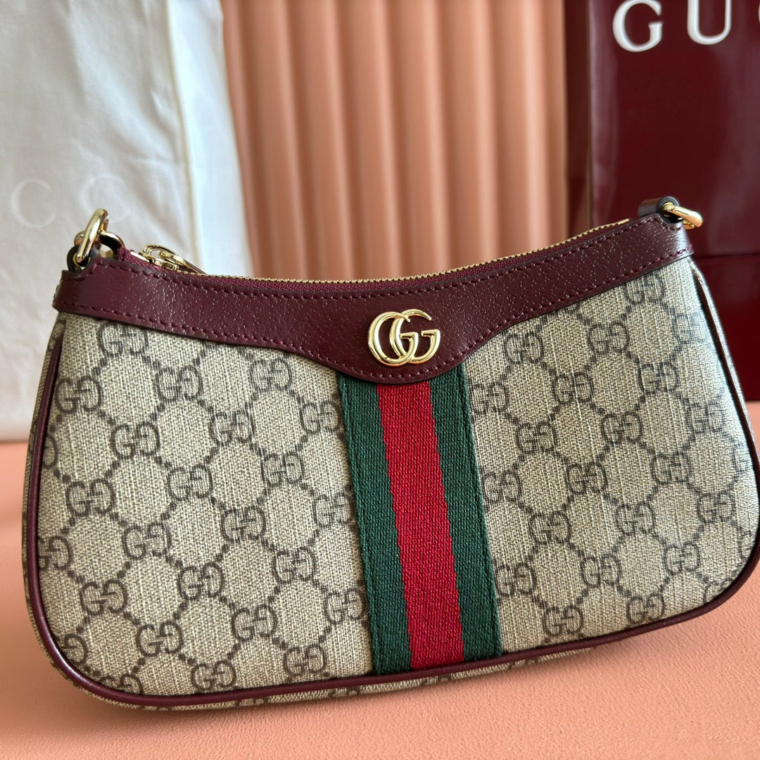 Gucci Ophidia Small Shoulder Bag 26 in Brown Canvas Reddish Brown Leather Trim