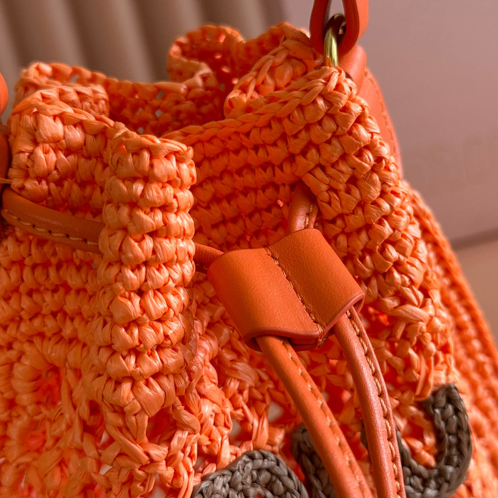 Miu Miu 26S Wander Bucket Bag 23 in Orange Raffia with Leather Trim