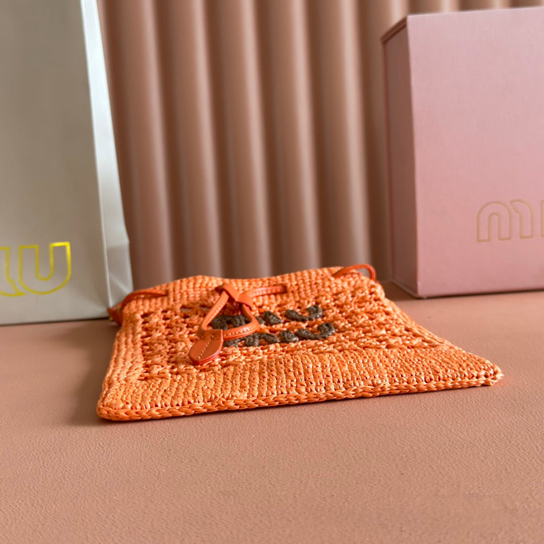 Miu Miu 26S Wander Bucket Bag 23 in Orange Raffia with Leather Trim