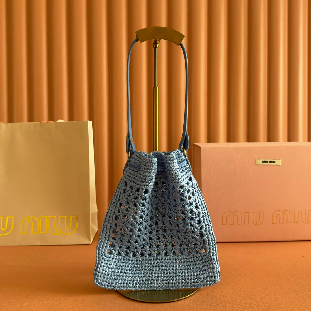 Miu Miu 26S Wander Bucket Bag 23 in Blue Raffia with Leather Trim