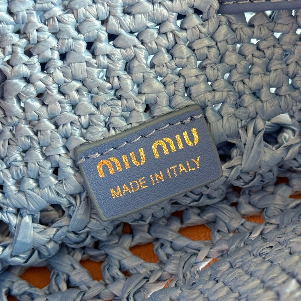 Miu Miu 26S Wander Bucket Bag 23 in Blue Raffia with Leather Trim