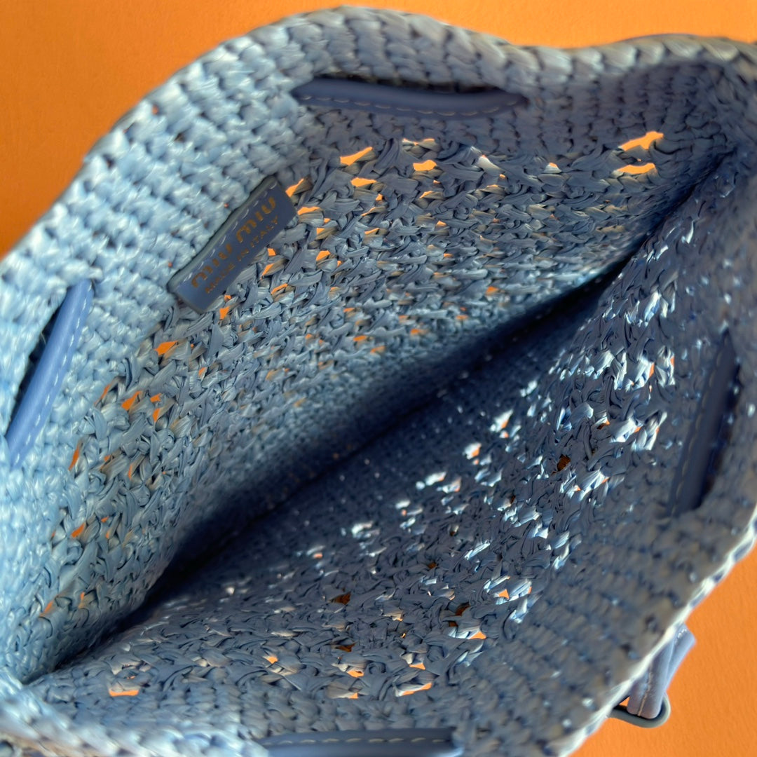 Miu Miu 26S Wander Bucket Bag 23 in Blue Raffia with Leather Trim
