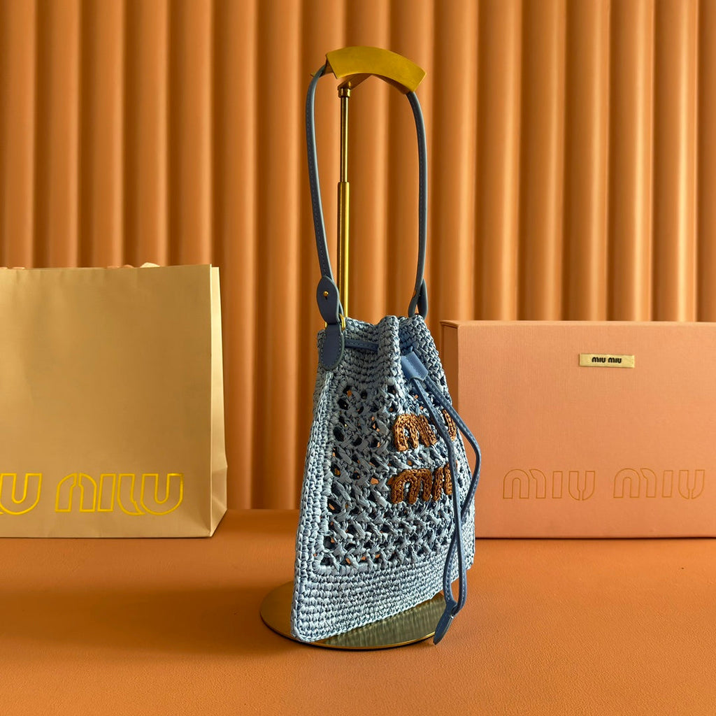 Miu Miu 26S Wander Bucket Bag 23 in Blue Raffia with Leather Trim
