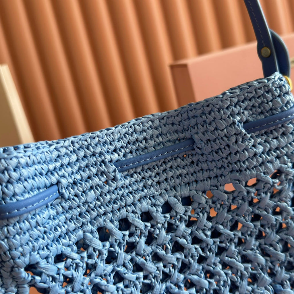 Miu Miu 26S Wander Bucket Bag 23 in Blue Raffia with Leather Trim