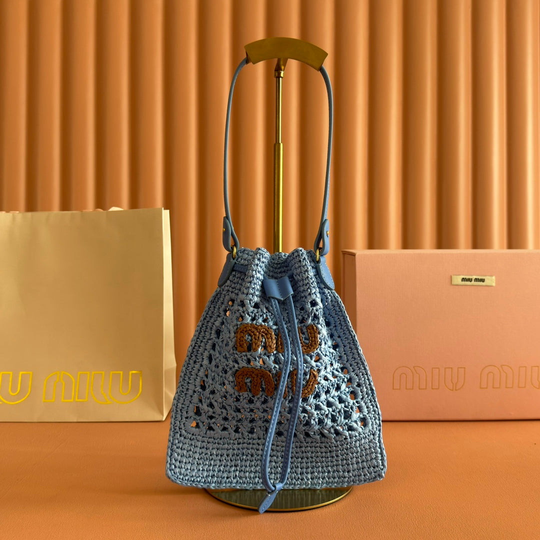 Miu Miu 26S Wander Bucket Bag 23 in Blue Raffia with Leather Trim