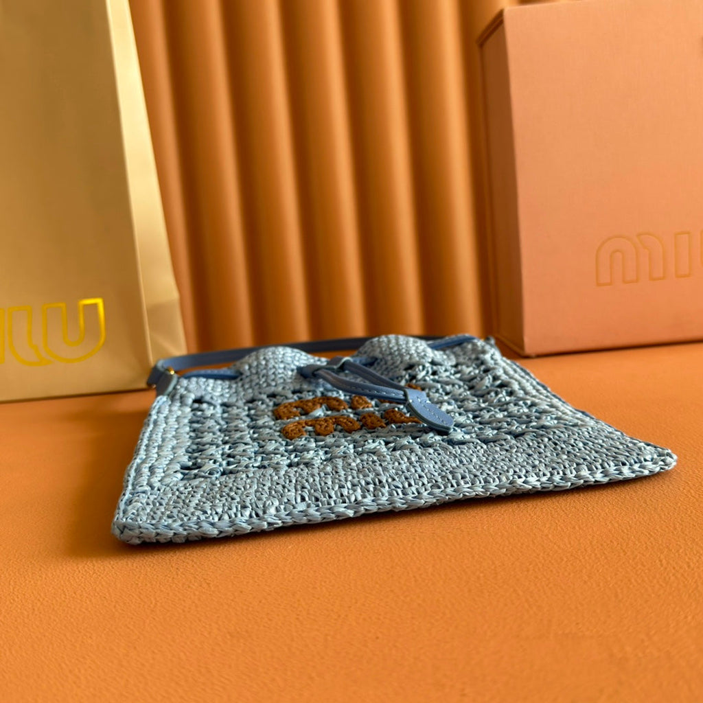 Miu Miu 26S Wander Bucket Bag 23 in Blue Raffia with Leather Trim