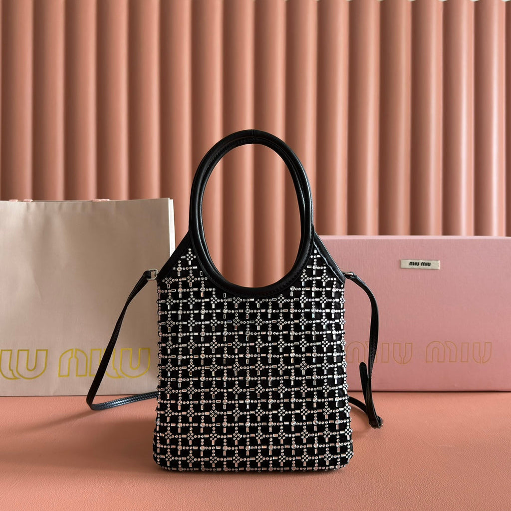 Miu Miu 26S Crystal Tote 24 Bag in Black Calfskin