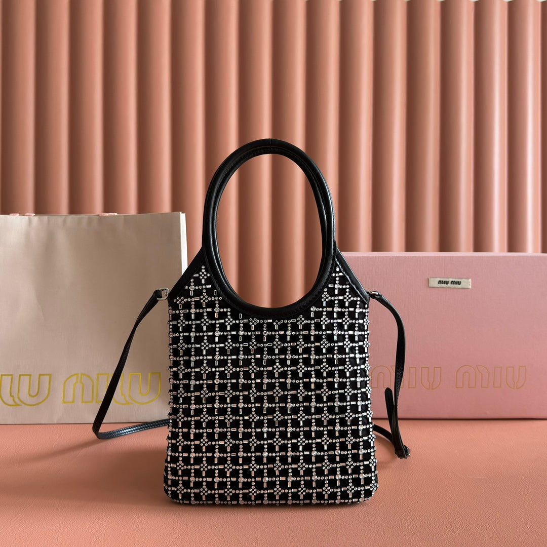 Miu Miu 26S Crystal Tote 24 Bag in Black Calfskin