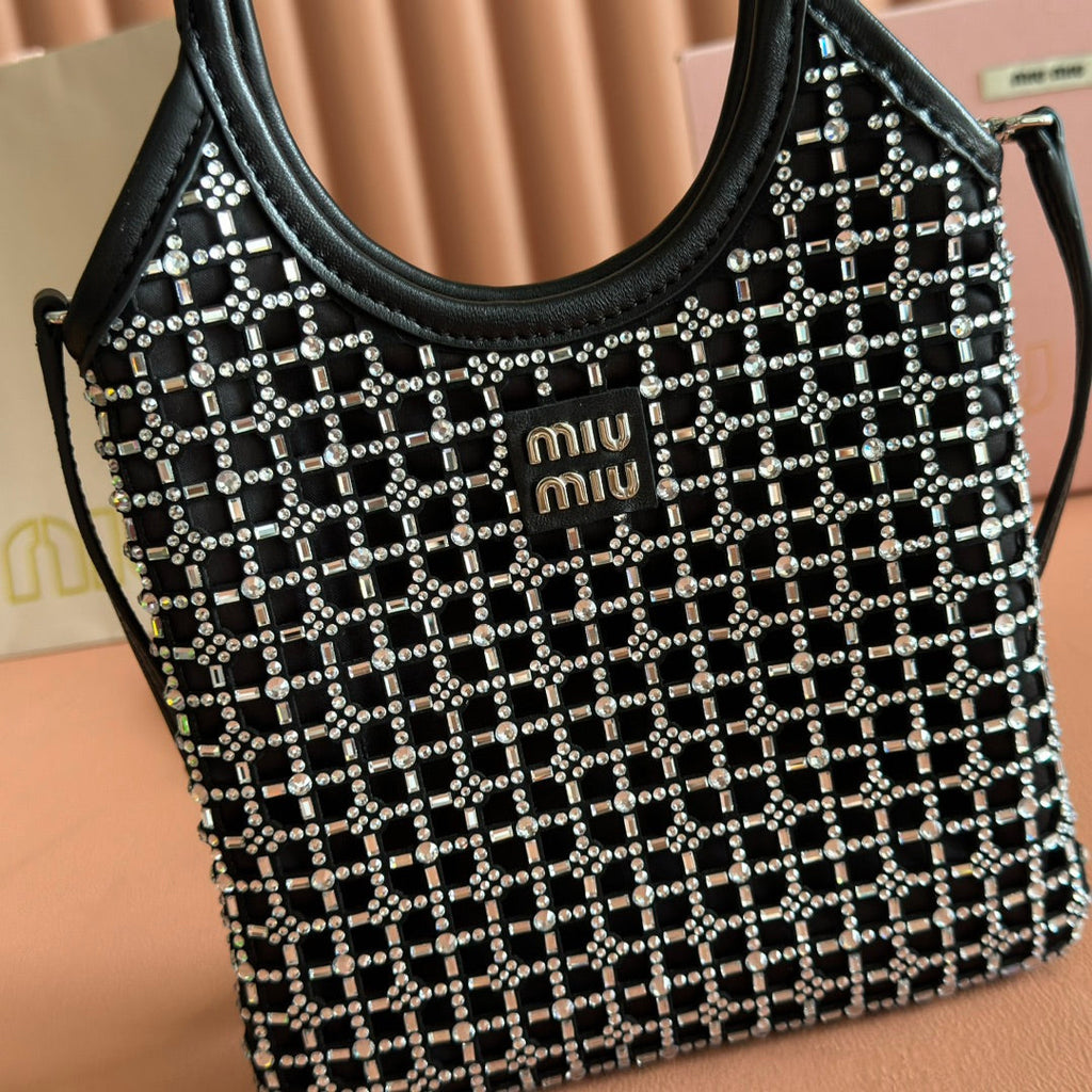 Miu Miu 26S Crystal Tote 24 Bag in Black Calfskin