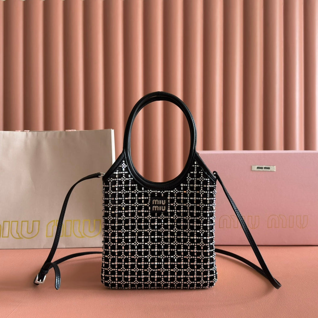 Miu Miu 26S Crystal Tote 24 Bag in Black Calfskin