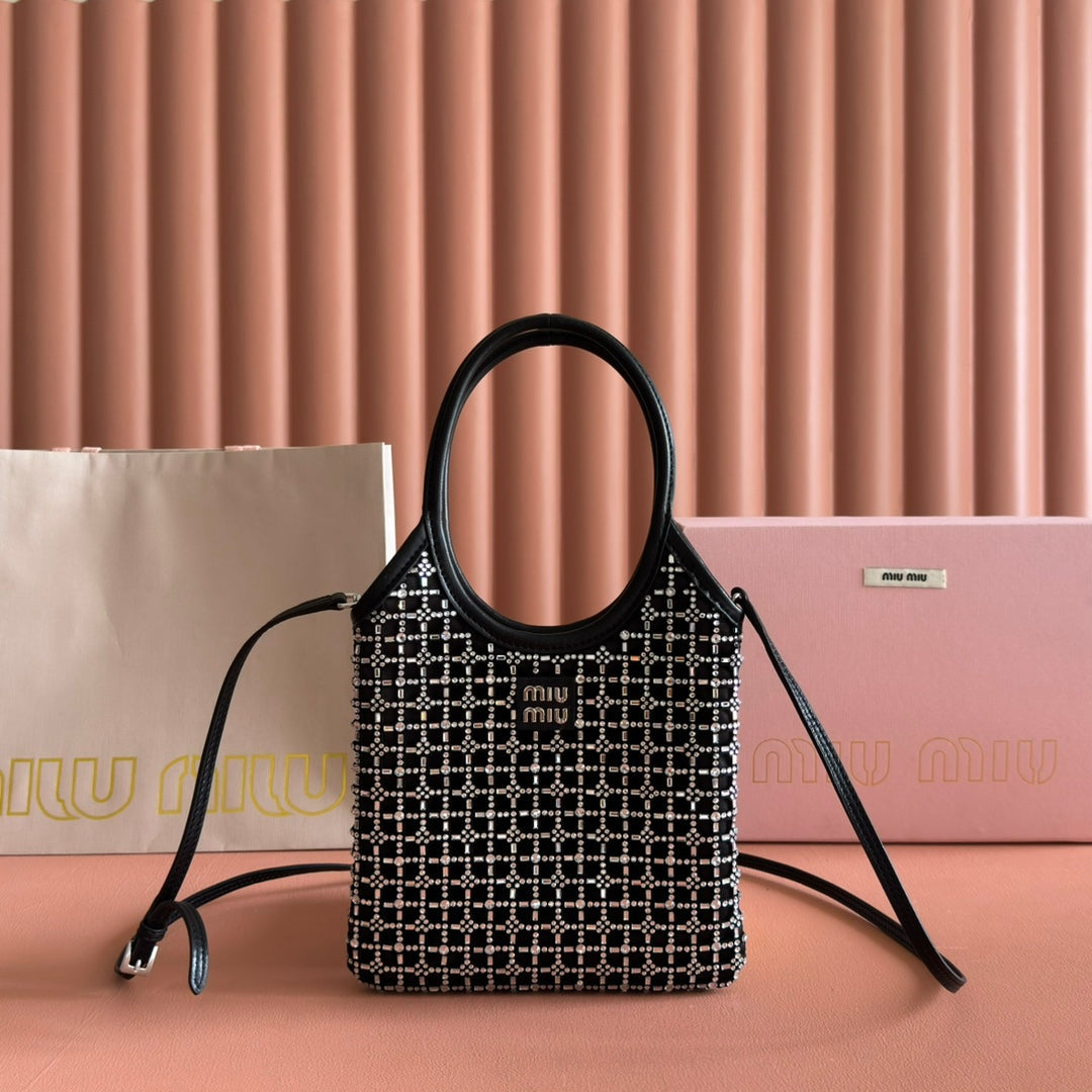 Miu Miu 26S Crystal Tote 24 Bag in Black Calfskin