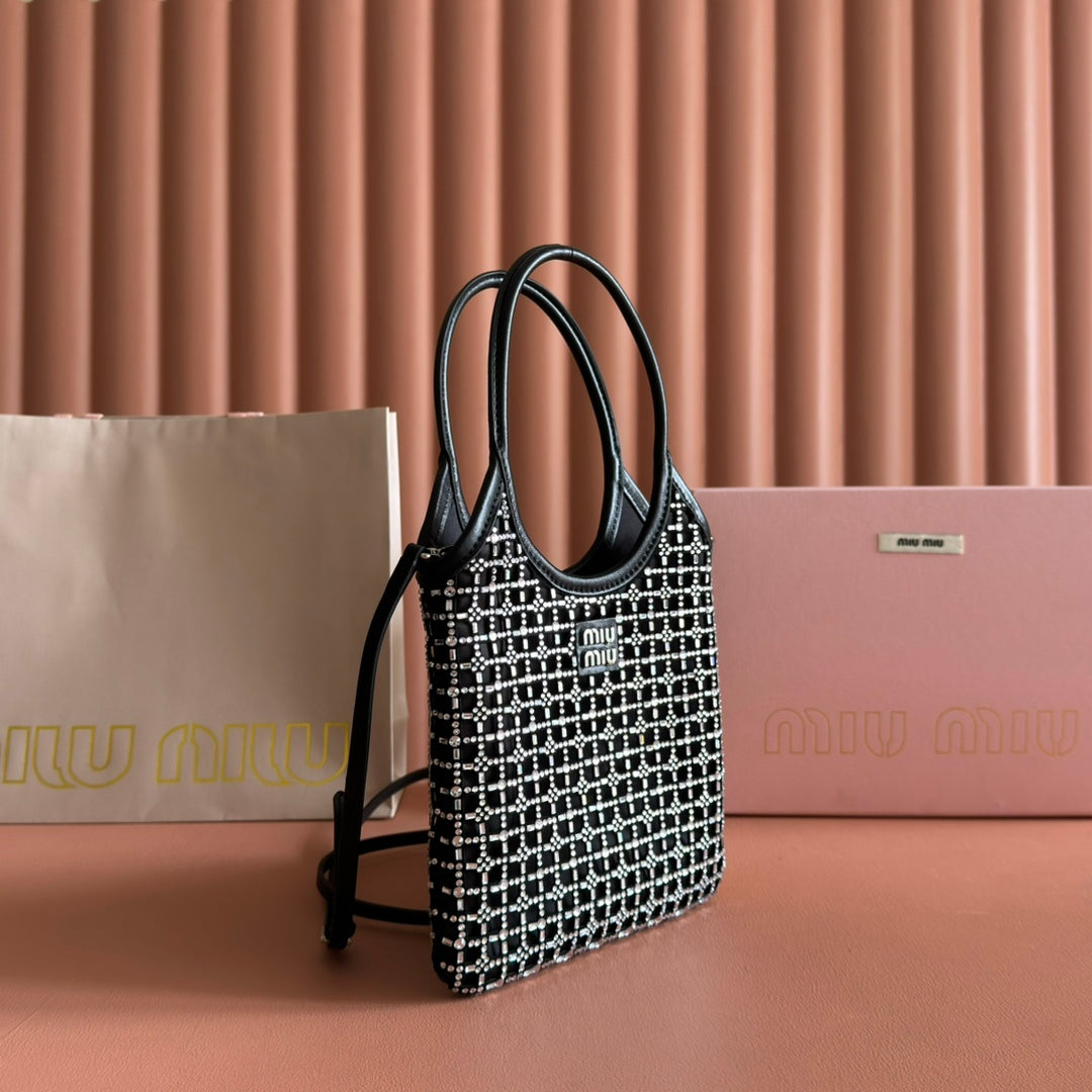 Miu Miu 26S Crystal Tote 24 Bag in Black Calfskin