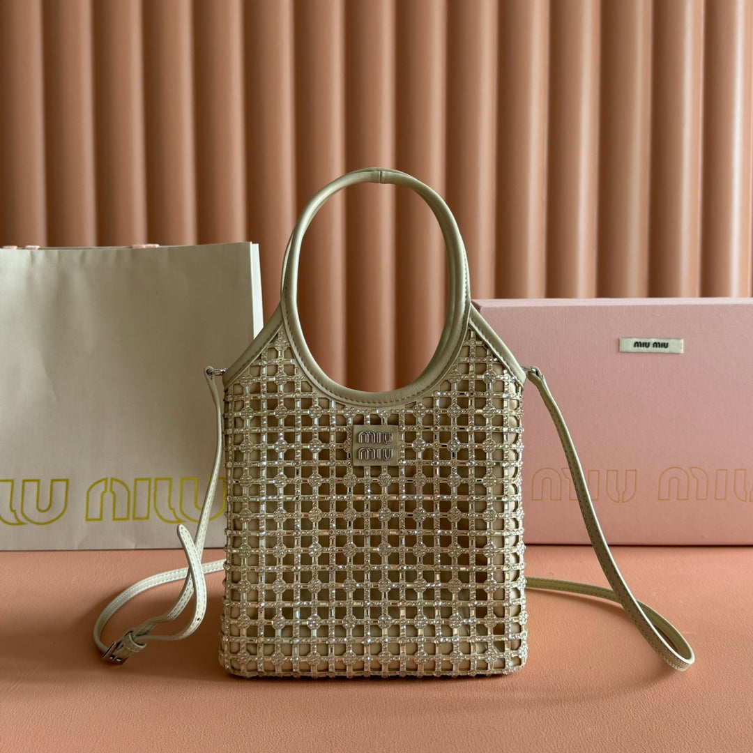 Miu Miu 26S Crystal Tote 24 Bag in Dark Beige Calfskin