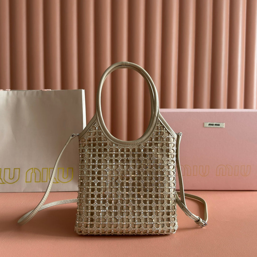 Miu Miu 26S Crystal Tote 24 Bag in Dark Beige Calfskin