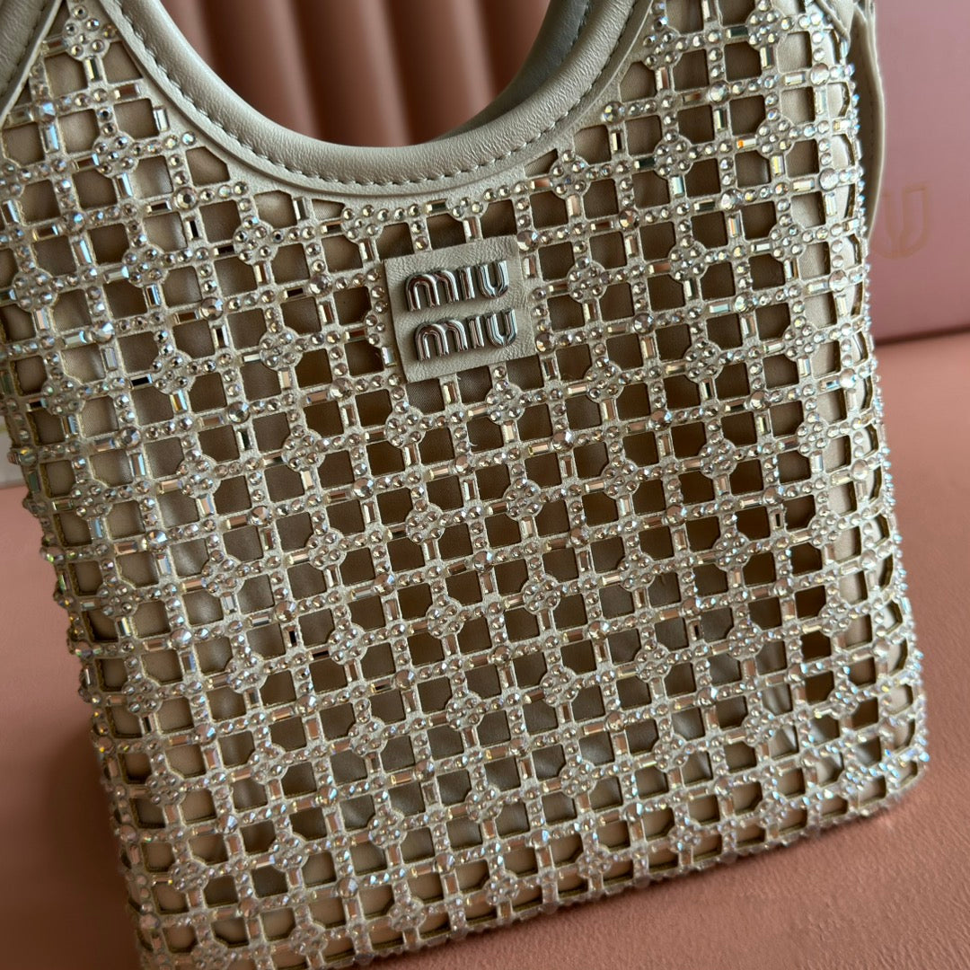 Miu Miu 26S Crystal Tote 24 Bag in Dark Beige Calfskin
