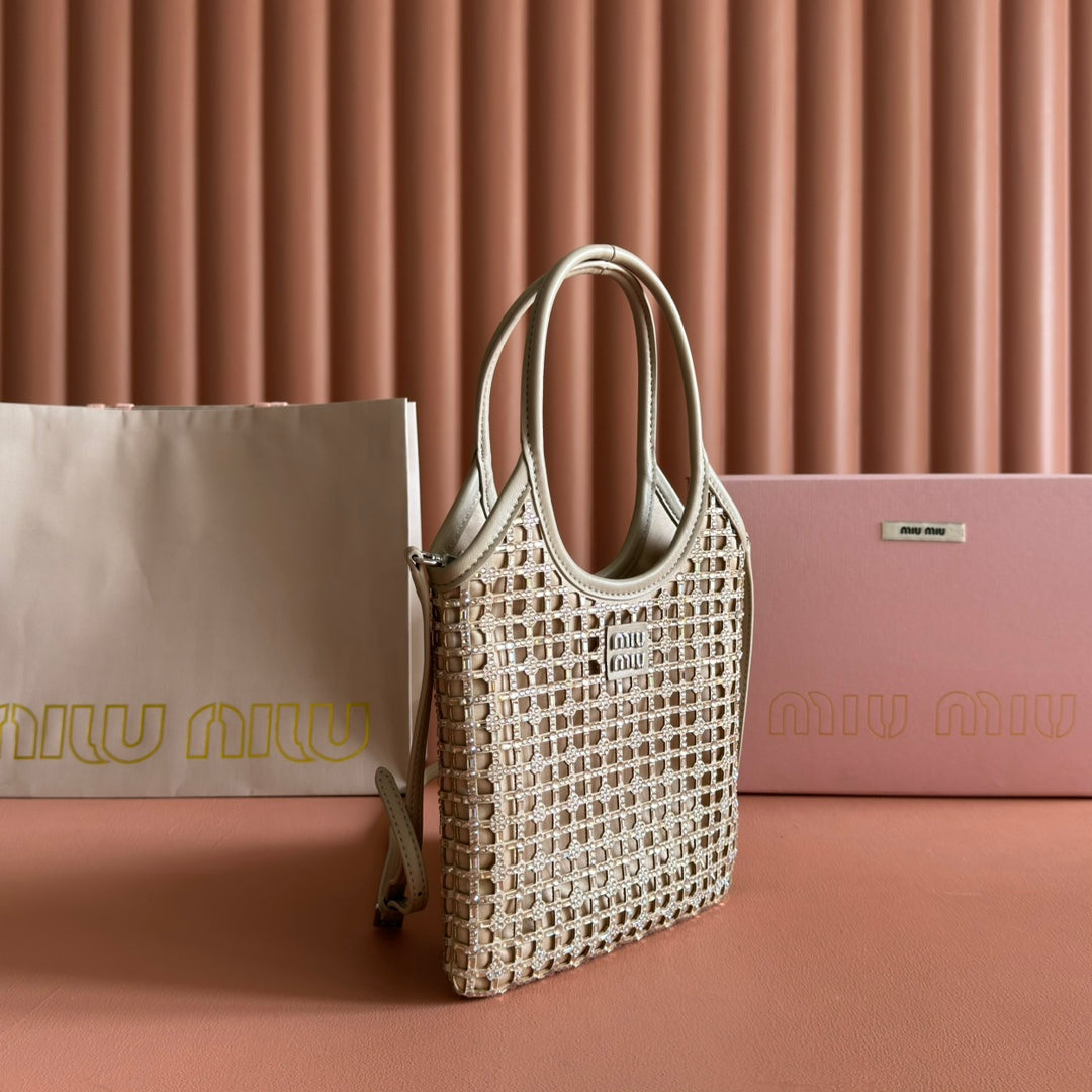 Miu Miu 26S Crystal Tote 24 Bag in Dark Beige Calfskin