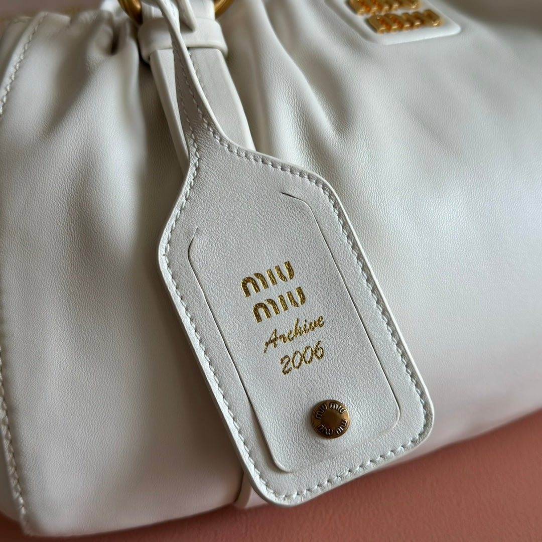 Miu Miu 26S Joie Hand Bag 32 in White Shiny Lambskin Gold Hardware
