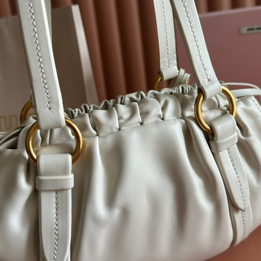 Miu Miu 26S Joie Hand Bag 32 in White Shiny Lambskin Gold Hardware