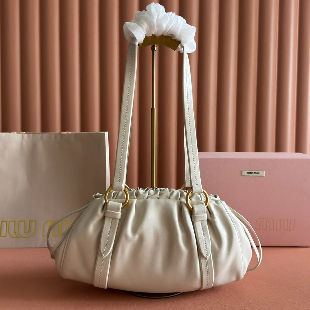 Miu Miu 26S Joie Hand Bag 32 in White Shiny Lambskin Gold Hardware