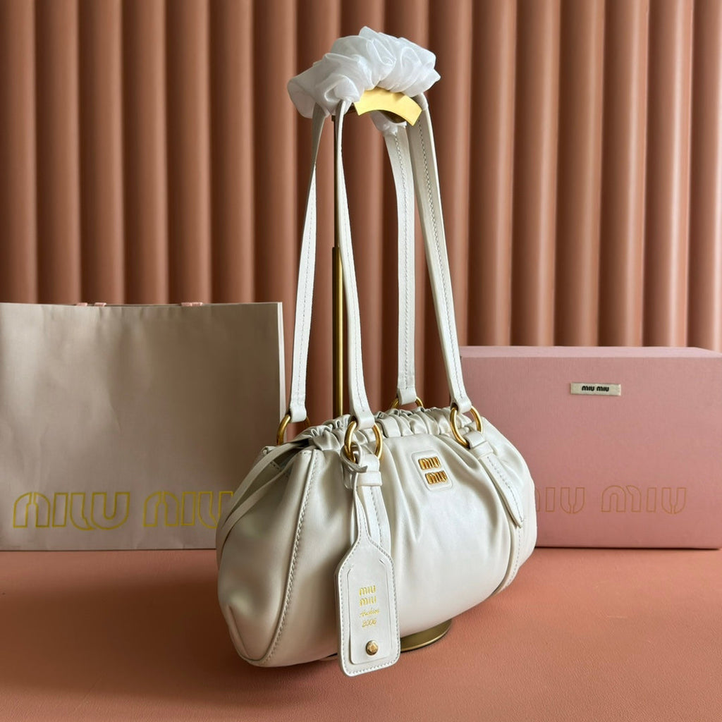 Miu Miu 26S Joie Hand Bag 32 in White Shiny Lambskin Gold Hardware