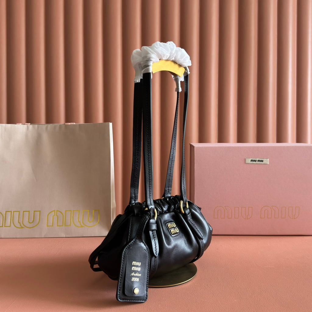 Miu Miu 26S Joie Hand Bag 22 in Black Shiny Lambskin Gold Hardware