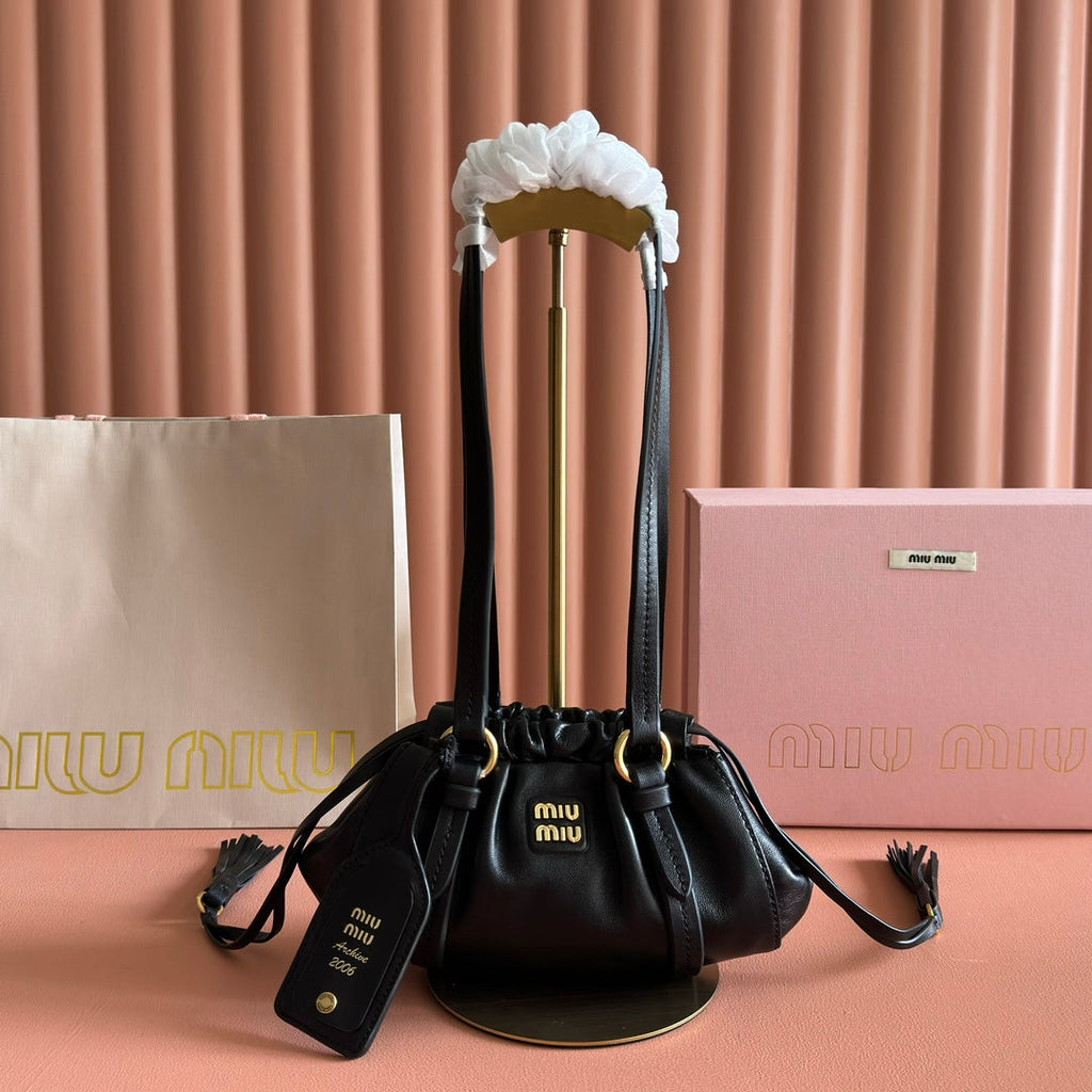 Miu Miu 26S Joie Hand Bag 22 in Black Shiny Lambskin Gold Hardware