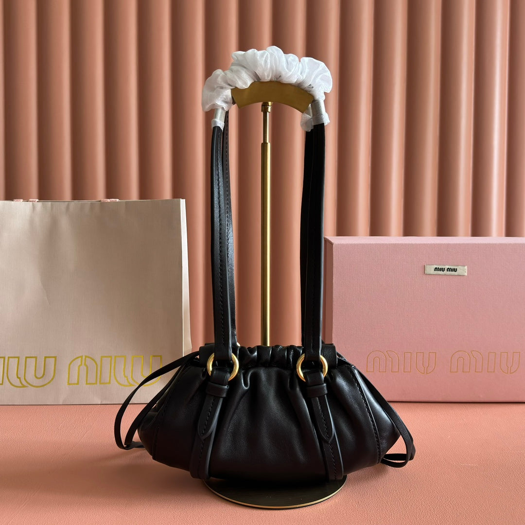 Miu Miu 26S Joie Hand Bag 22 in Black Shiny Lambskin Gold Hardware