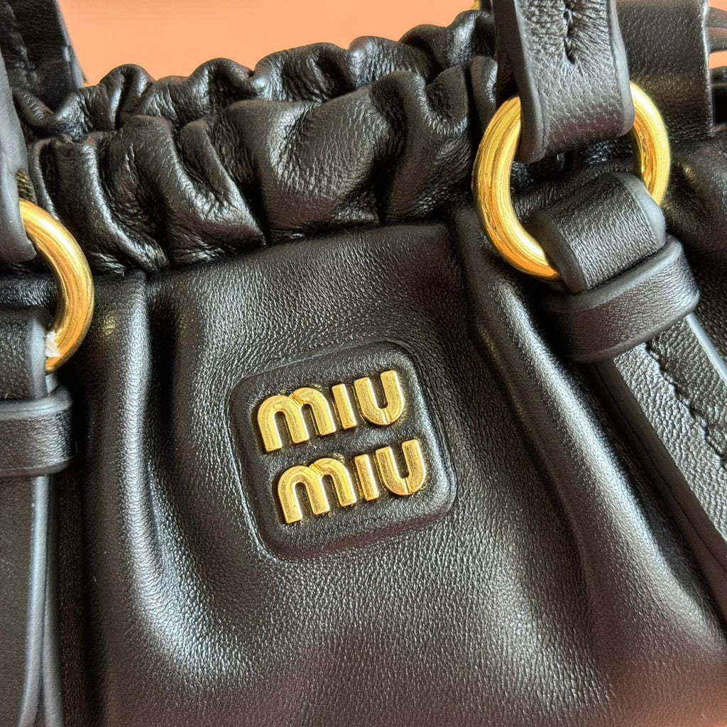 Miu Miu 26S Joie Hand Bag 22 in Black Shiny Lambskin Gold Hardware
