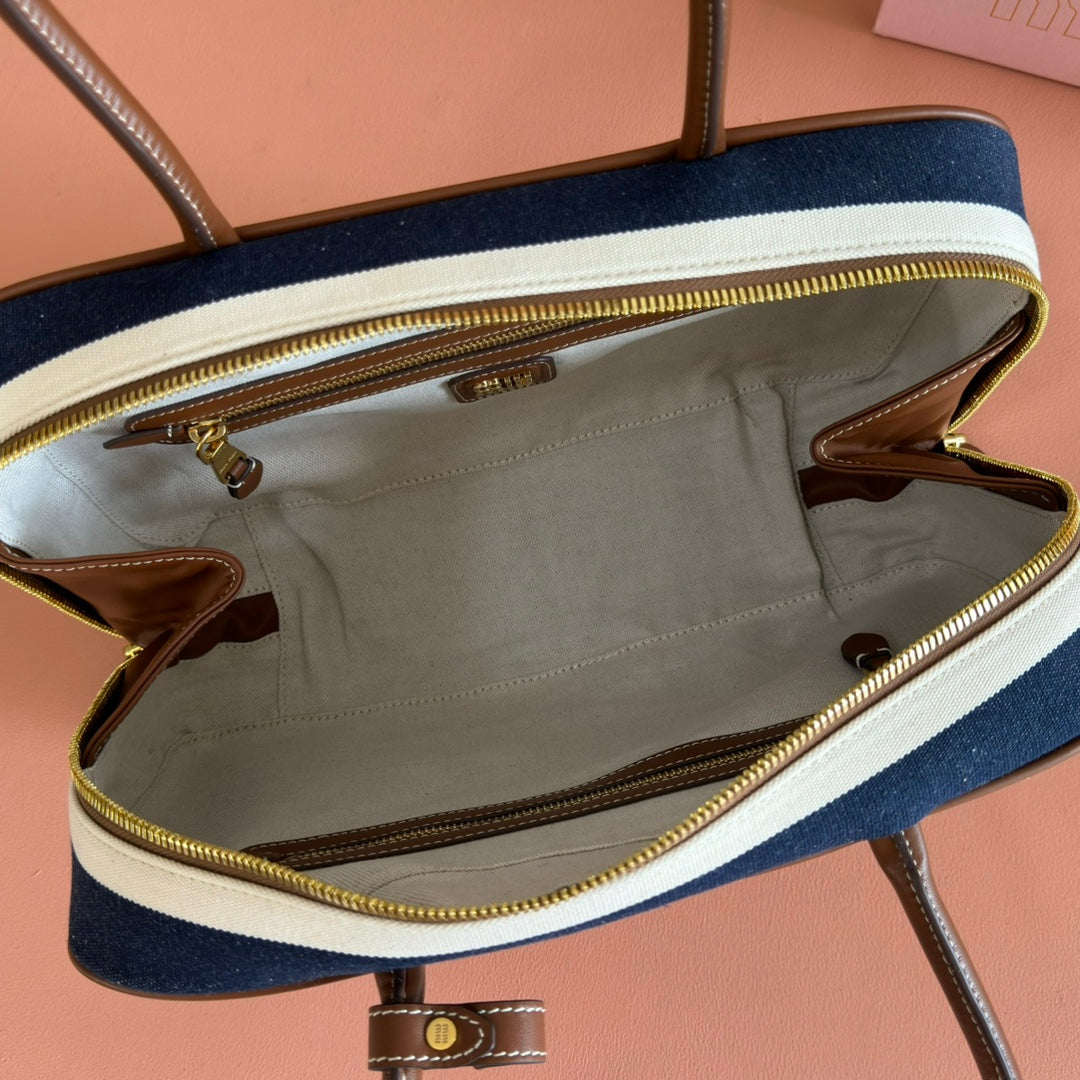 Miu Miu 25S Beau Bag 34 Dark Blue and Ivory in Canvas and Calfskin