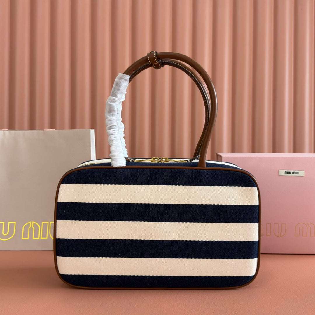 Miu Miu 25S Beau Bag 34 Dark Blue and Ivory in Canvas and Calfskin