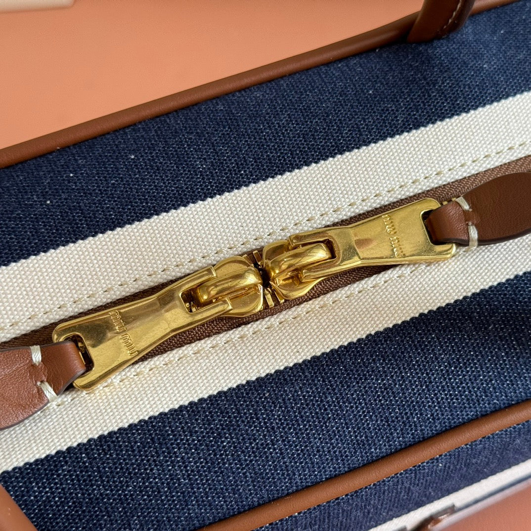 Miu Miu 25S Beau Bag 34 Dark Blue and Ivory in Canvas and Calfskin