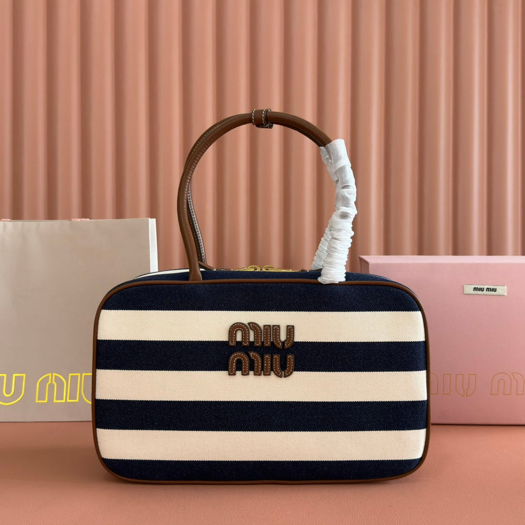 Miu Miu 25S Beau Bag 34 Dark Blue and Ivory in Canvas and Calfskin