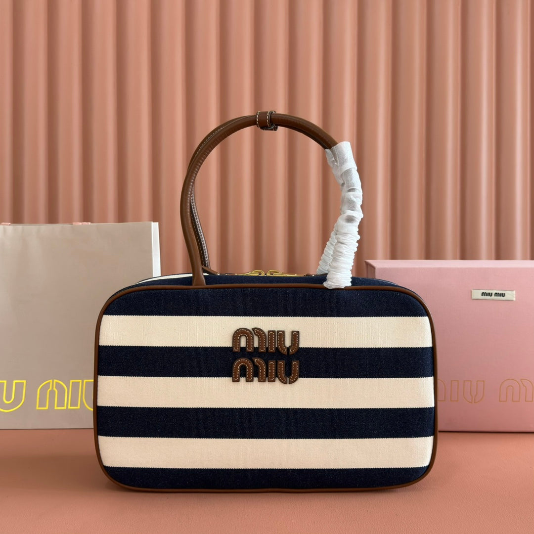 Miu Miu 25S Beau Bag 34 Dark Blue and Ivory in Canvas and Calfskin