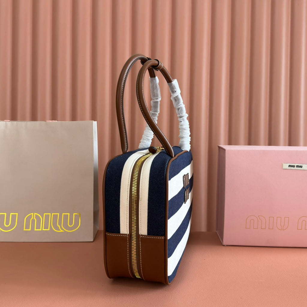 Miu Miu 25S Beau Bag 34 Dark Blue and Ivory in Canvas and Calfskin