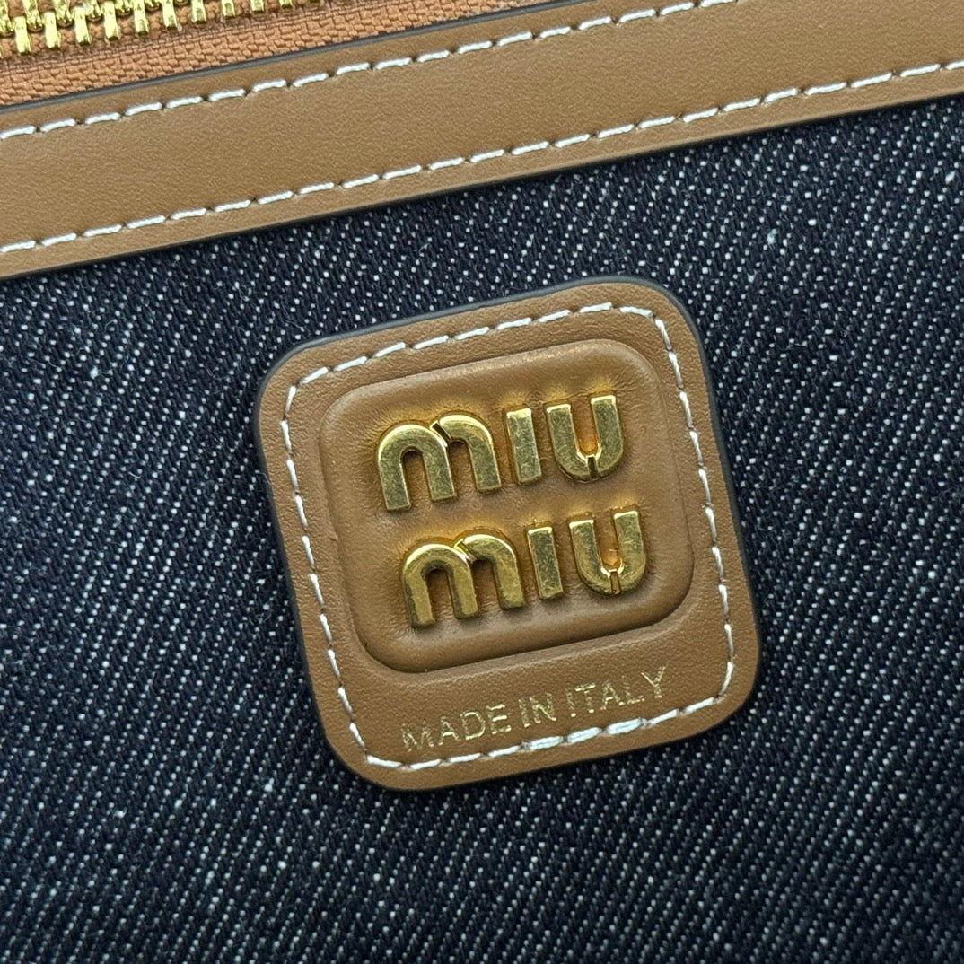 Miu Miu 25S Beau Denim Bag 34 in Dark Blue Denim and Brown Calfskin