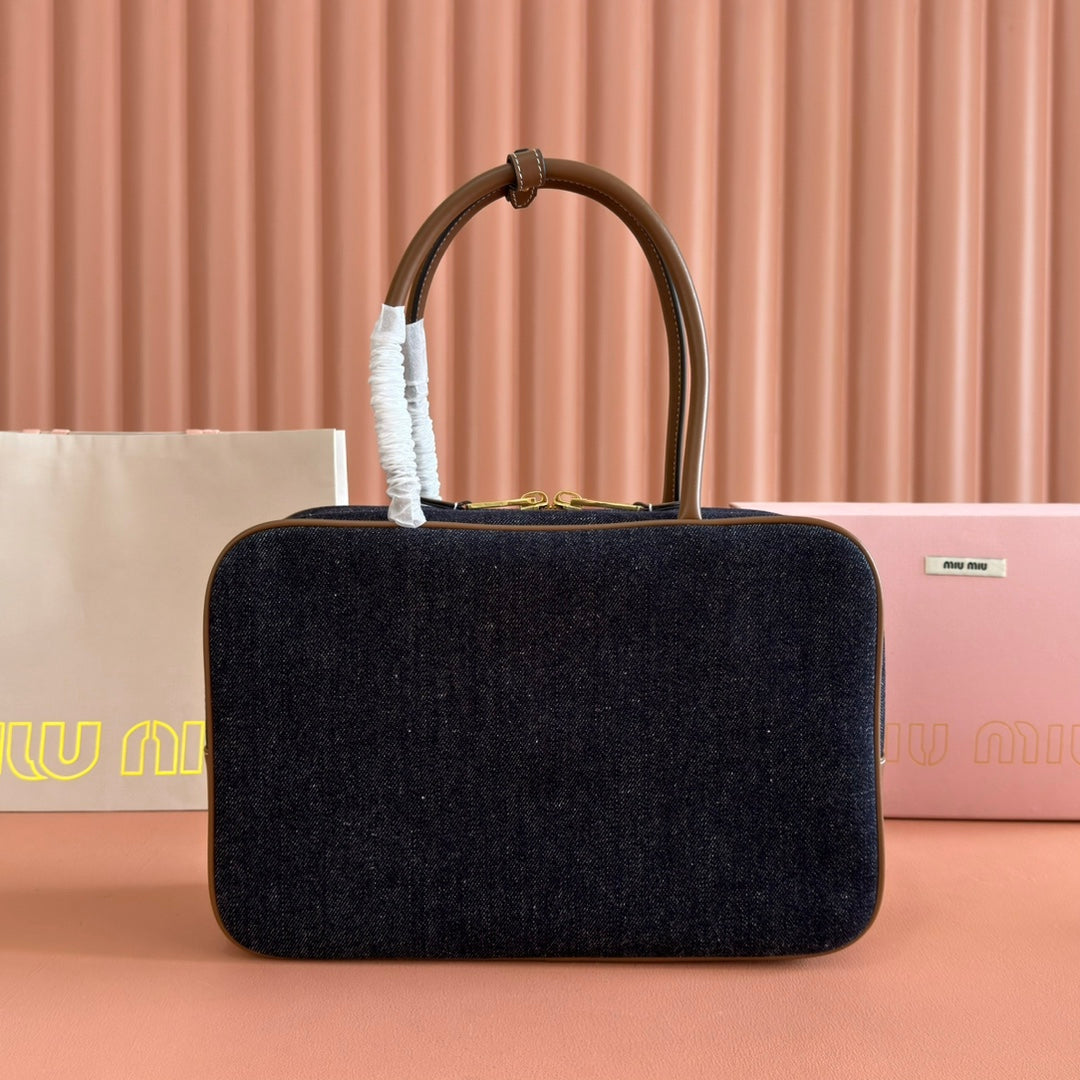 Miu Miu 25S Beau Denim Bag 34 in Dark Blue Denim and Brown Calfskin
